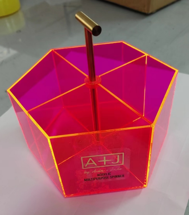 转盘亚克力收纳盒-带金属提手-荧光粉色